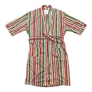 Printfresh Womens Red Green Striped Cotton Poplin‎ Short Robe Loungewear S/M